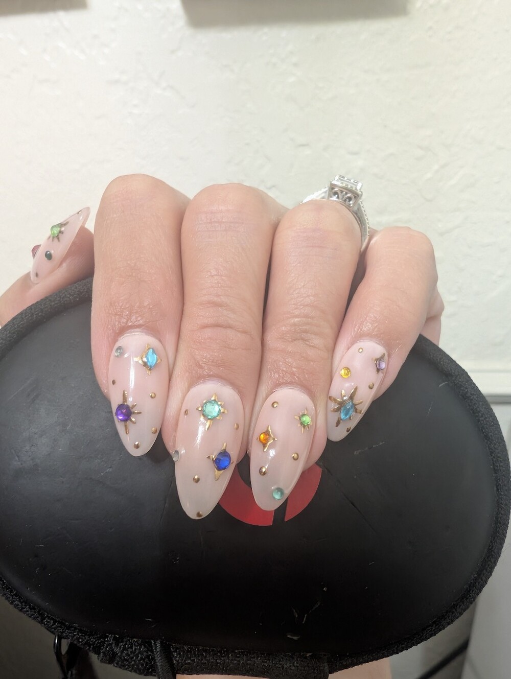 Nude Press-On Nails with Multicolor Gem Accents - Picture 3 of 3